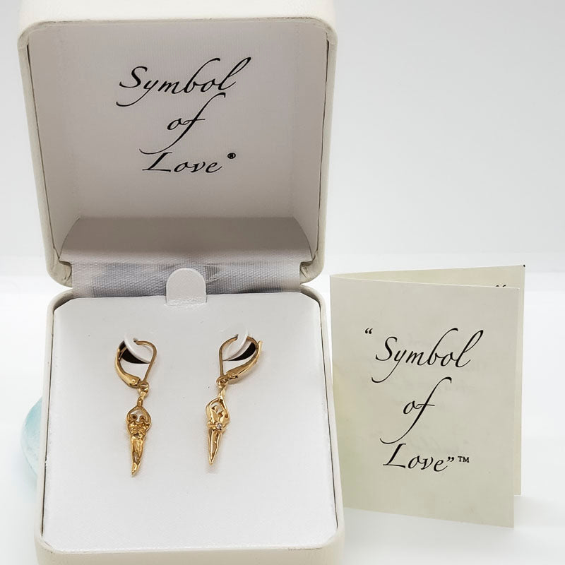 Small Soulmate Earrings, 1 ½” by ¼", .925 Genuine Sterling Silver with 14kt. Gold Overlay, Lever Back, Clear Cubic Zirconia
