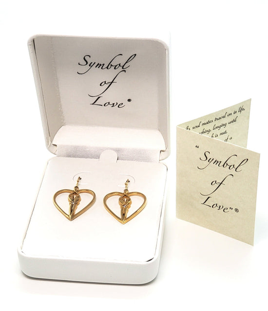 Soulmate Heart Earrings, 1" by ¾", .925 Genuine Sterling Silver with 14kt. Gold Overlay, Ear Wire, Sapphire Cubic Zirconia
