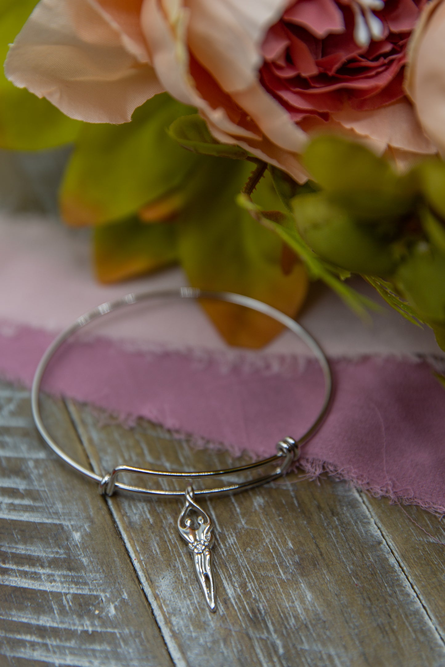 Double Adjustable, Medium 7" - 8.5" Sized Bangle, .925 Sterling Silver, 1" by ¼" Small Charm, Clear Cubic Zirconia Stone