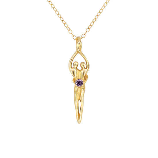 Medium Soulmate Necklace, .925 Genuine Sterling Silver with 14kt. Gold Overlay, 18" Chain, Charm 1 ⅛" by ⅜", Amethyst Cubic Zirconia