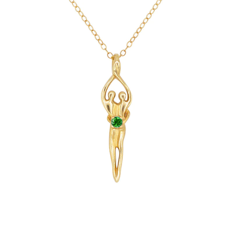 Medium Soulmate Necklace, .925 Genuine Sterling Silver with 14kt. Gold Overlay, 18" Chain, Charm 1 ⅛" by ⅜", Emerald Cubic Zirconia