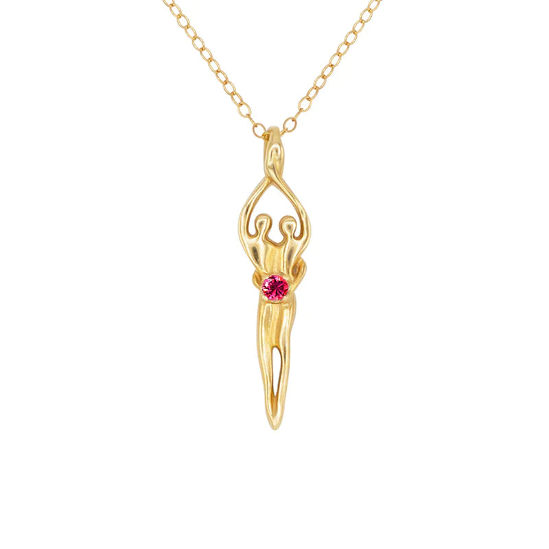 Medium Soulmate Necklace, .925 Genuine Sterling Silver with 14kt. Gold Overlay, 18" Chain, Charm 1 ⅛" by ⅜", Ruby Cubic Zirconia