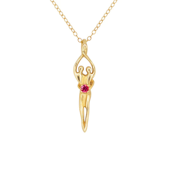 Medium Soulmate Necklace, .925 Genuine Sterling Silver with 14kt. Gold Overlay, 18" Chain, Charm 1 ⅛" by ⅜", Ruby Cubic Zirconia