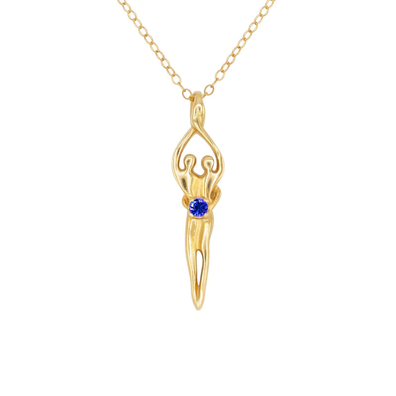Medium Soulmate Necklace, .925 Genuine Sterling Silver with 14kt. Gold Overlay, 18" Chain, Charm 1 ⅛" by ⅜", Sapphire Cubic Zirconia