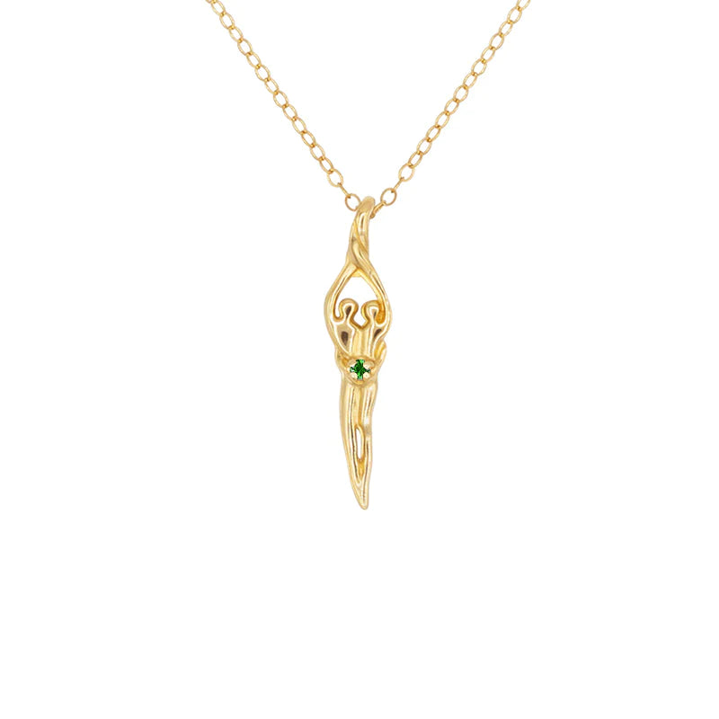 Small Soulmate Necklace, .925 Genuine Sterling Silver with 14kt. Gold overlay, 18" Chain, 1" by ¼" Charm, Emerald Cubic Zirconia