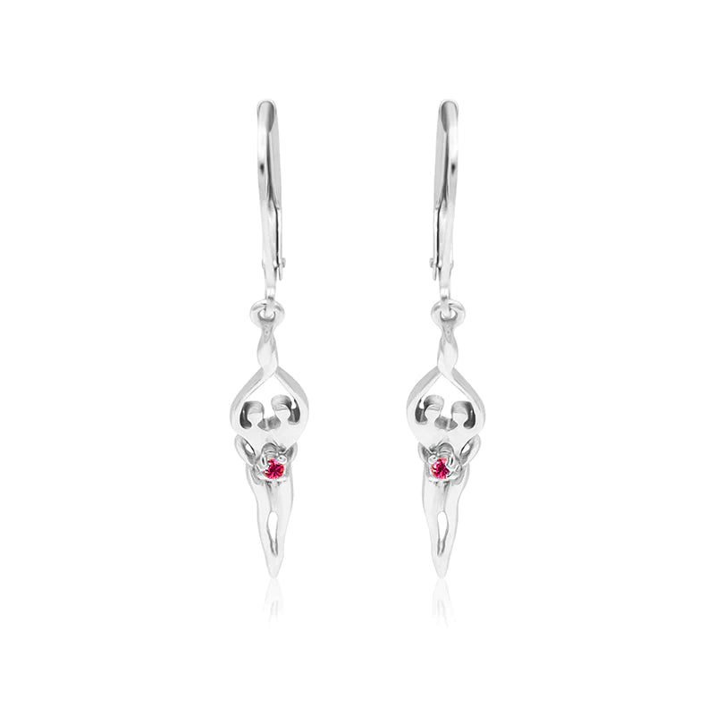 Small Soulmate Earrings, 1 ½” by ¼", .925 Genuine Sterling Silver, Lever Back, Ruby Cubic Zirconia