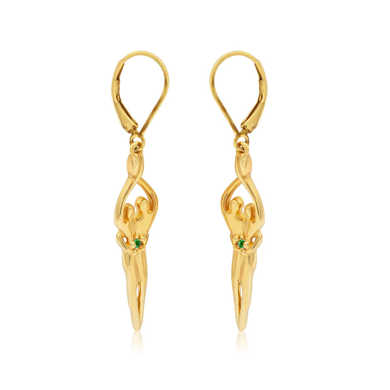 Medium Soulmate Earrings, 1 ¾"  by 5/16th", .925 Genuine Sterling Silver with 14kt. Gold Overlay, Lever Back, Emerald Cubic Zirconia