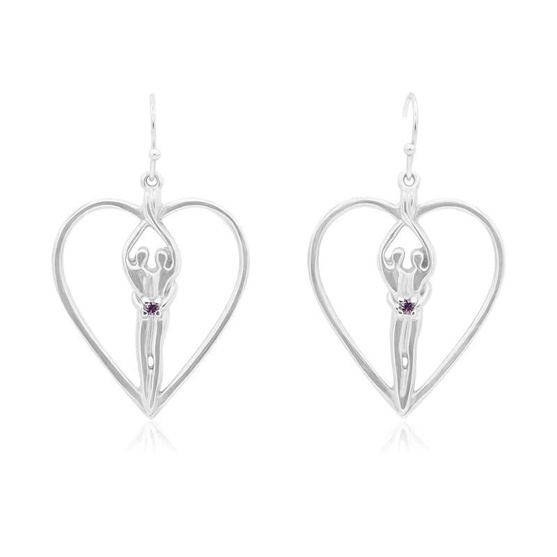 Soulmate Heart Earrings, 1" by ¾", .925 Genuine Sterling Silver, Ear Wire, Emerald Cubic Zirconia