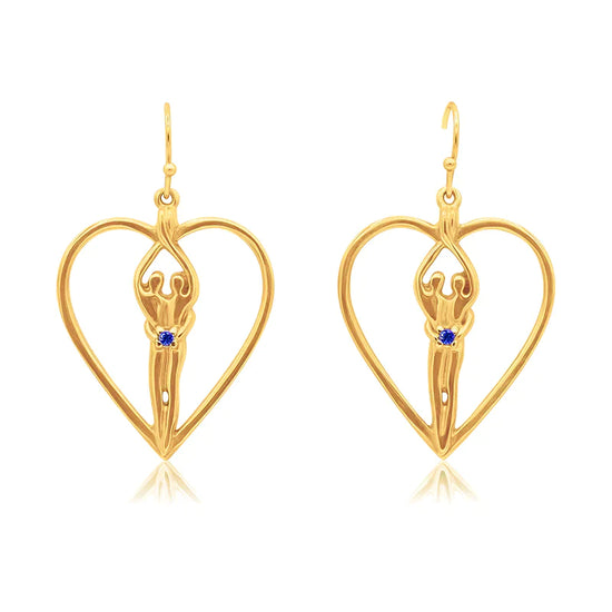 Soulmate Heart Earrings, 1" by ¾", .925 Genuine Sterling Silver with 14kt. Gold Overlay, Ear Wire, Sapphire Cubic Zirconia