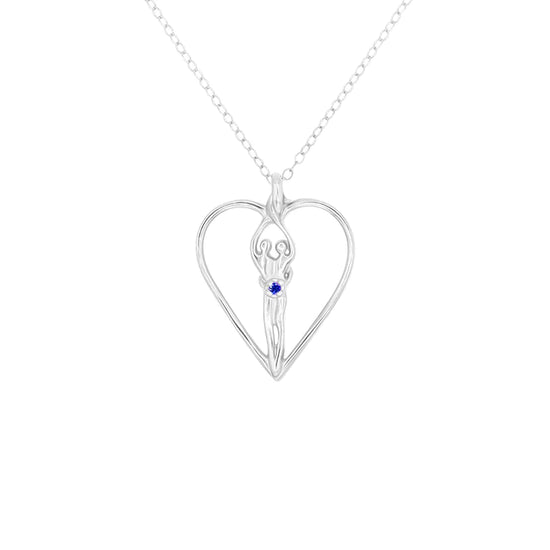 Medium Soulmate Heart Necklace, .925 Genuine Sterling Silver, 18" Chain, Charm 1 ¼" by ¾", Sapphire Cubic Zirconia