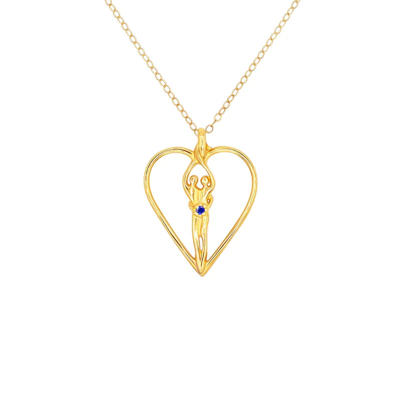 Medium Soulmate Heart Necklace, .925 Genuine Sterling Silver with 14kt. Gold Overlay, 18" Chain, Charm 1 ¼" by ¾", Sapphire Cubic Zirconia