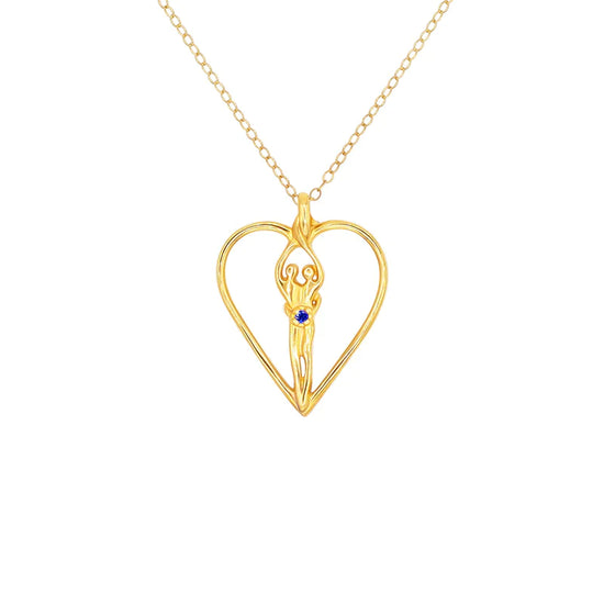 Medium Soulmate Heart Necklace, .925 Genuine Sterling Silver with 14kt. Gold Overlay, 18" Chain, Charm 1 ¼" by ¾", Sapphire Cubic Zirconia