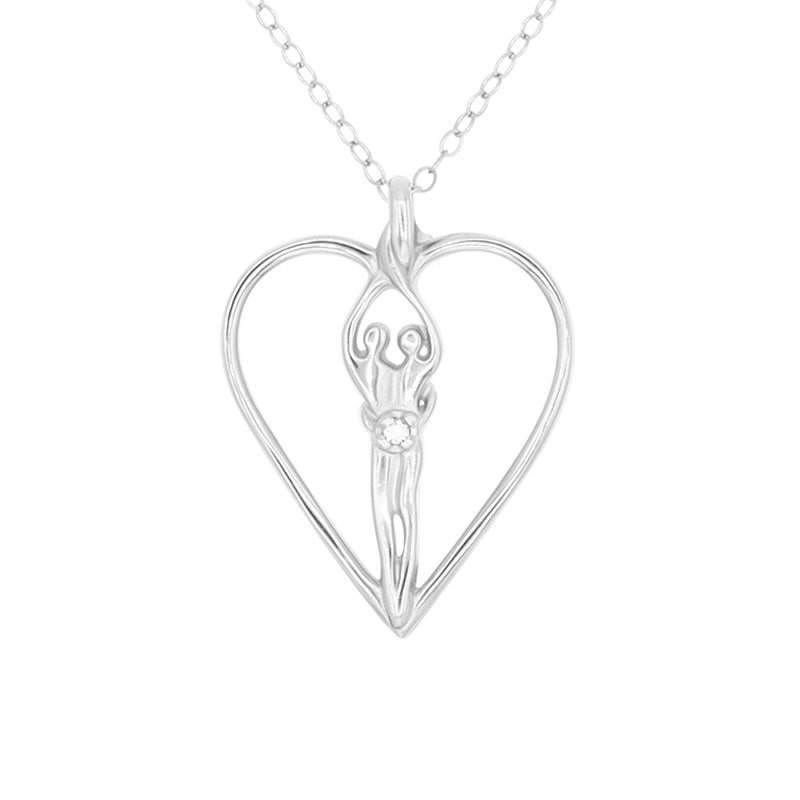 Large Soulmate Heart Necklace, .925 Genuine Sterling Silver, 18" Chain, Charm 1 ½" by 1 ¼", Sapphire Cubic Zirconia