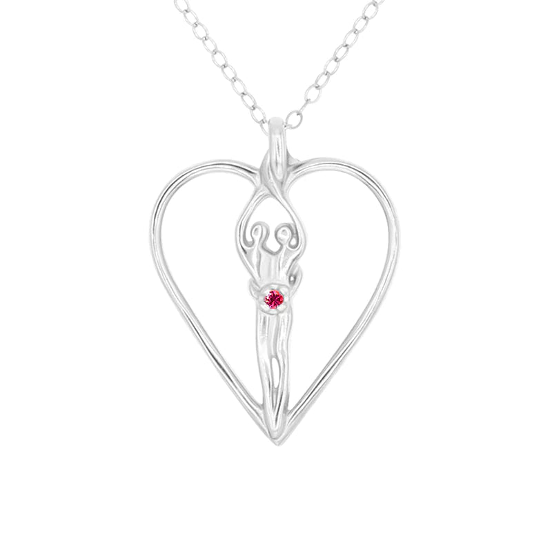 Large Soulmate Heart Necklace, .925 Genuine Sterling Silver, 18" Chain, Charm 1 ½" by 1 ¼", Ruby Cubic Zirconia