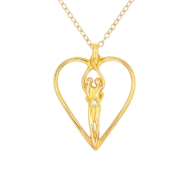 Large Soulmate Heart Necklace, .925 Genuine Sterling Silver with 14kt. Gold overlay, 18" Chain, Charm 1 ½" by 1 ¼", Sapphire Cubic Zirconia