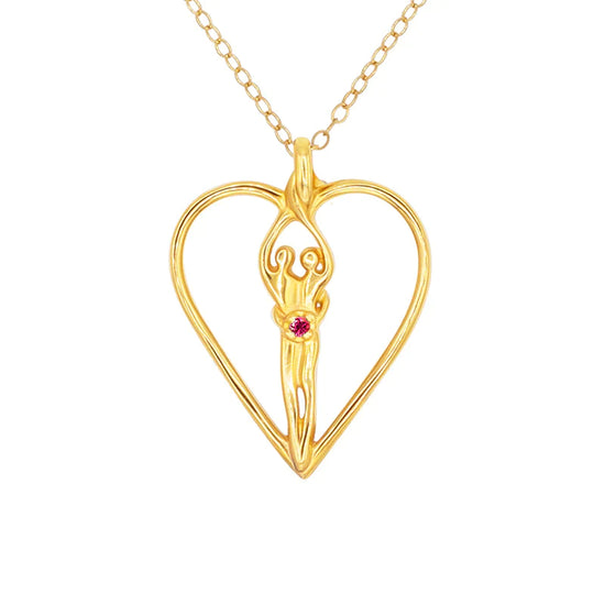 Large Soulmate Heart Necklace, .925 Genuine Sterling Silver with 14kt. Gold overlay, 18" Chain, Charm 1 ½" by 1 ¼", Ruby Cubic Zirconia