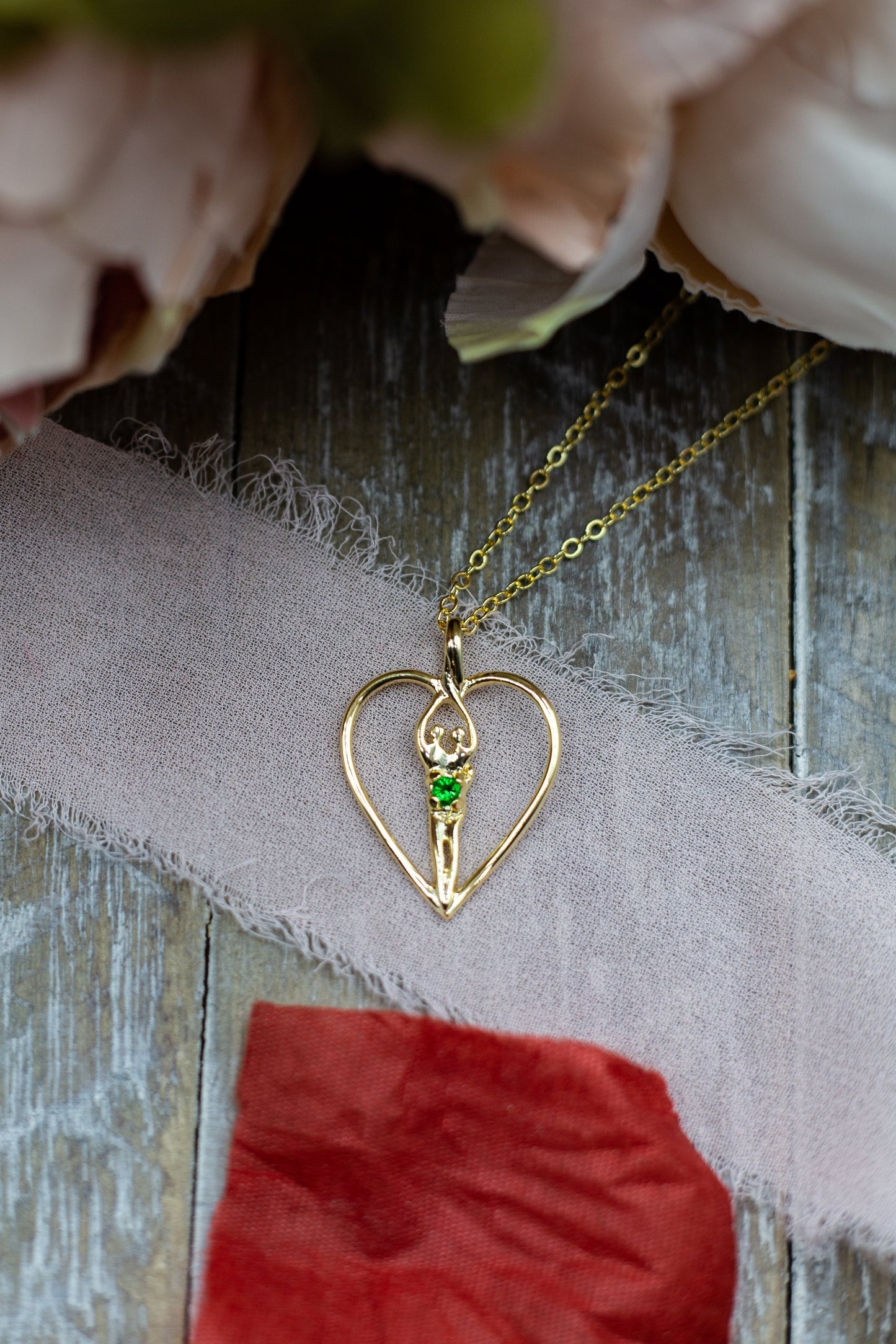 Medium Soulmate Heart Necklace, .925 Genuine Sterling Silver with 14kt. Gold Overlay, 18" Chain, Charm 1 ¼" by ¾", Emerald Cubic Zirconia