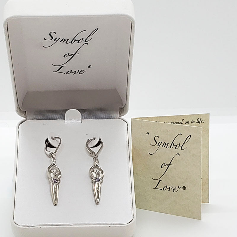 Medium Soulmate Earrings, 1 ¾"  by 5/16th", .925 Genuine Sterling Silver, Lever Back, Amethyst Cubic Zirconia Stone