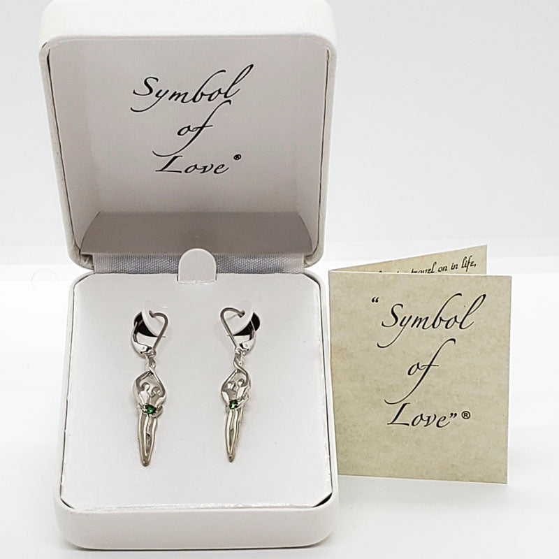 Medium Soulmate Earrings, 1 ¾"  by 5/16th", .925 Genuine Sterling Silver, Lever Back, Emerald Cubic Zirconia Stone