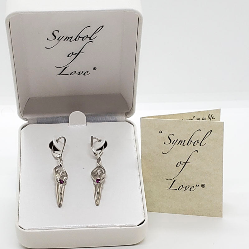 Medium Soulmate Earrings, 1 ¾"  by 5/16th", .925 Genuine Sterling Silver, Lever Back, Ruby Cubic Zirconia Stone