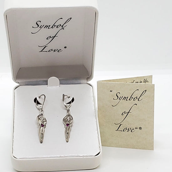 Medium Soulmate Earrings, 1 ¾"  by 5/16th", .925 Genuine Sterling Silver, Lever Back, Ruby Cubic Zirconia Stone