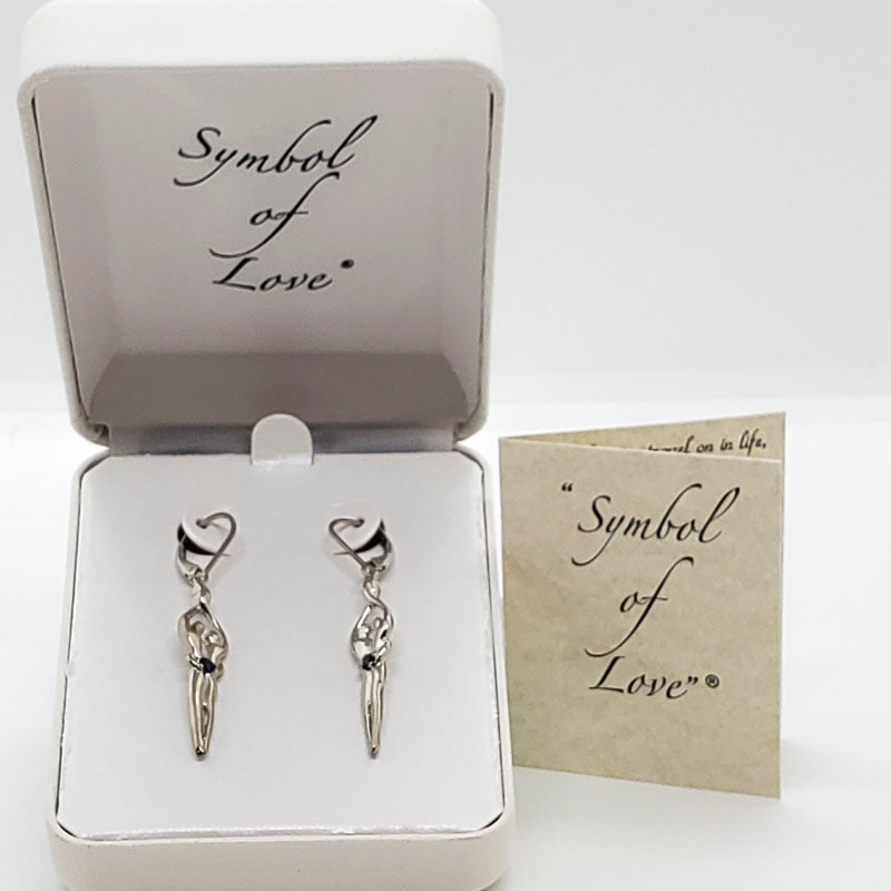 Medium Soulmate Earrings, 1 ¾"  by 5/16th", .925 Genuine Sterling Silver, Lever Back, Sapphire Cubic Zirconia Stone