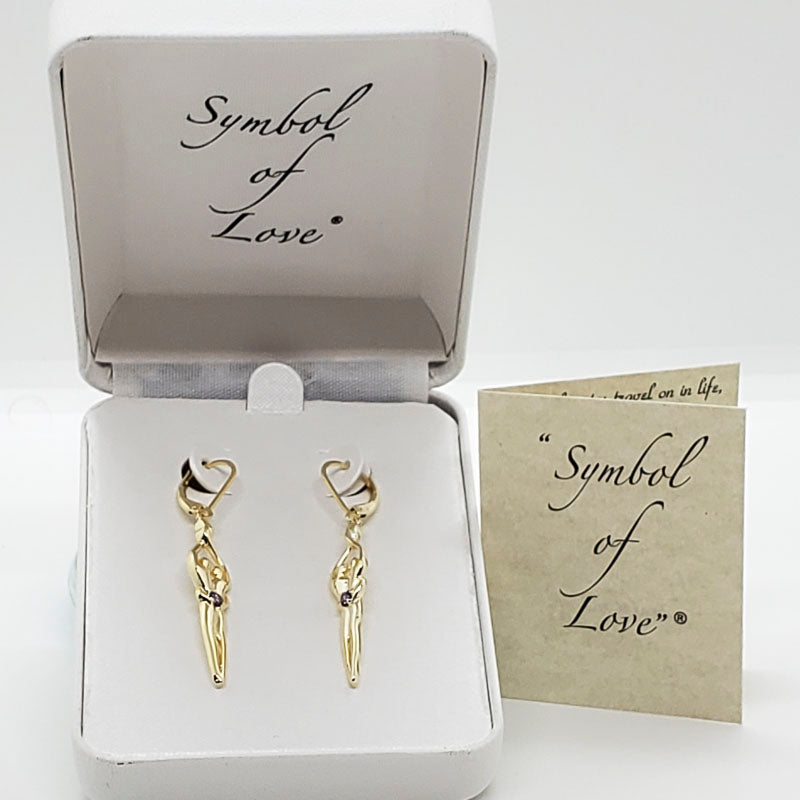 Medium Soulmate Earrings, 1 ¾"  by 5/16th", .925 Genuine Sterling Silver with 14kt. Gold Overlay, Lever Back, Amethyst Cubic Zirconia Stone