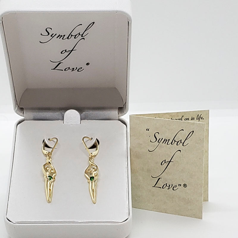 Medium Soulmate Earrings, 1 ¾"  by 5/16th", .925 Genuine Sterling Silver with 14kt. Gold Overlay, Lever Back, Emerald Cubic Zirconia Stone