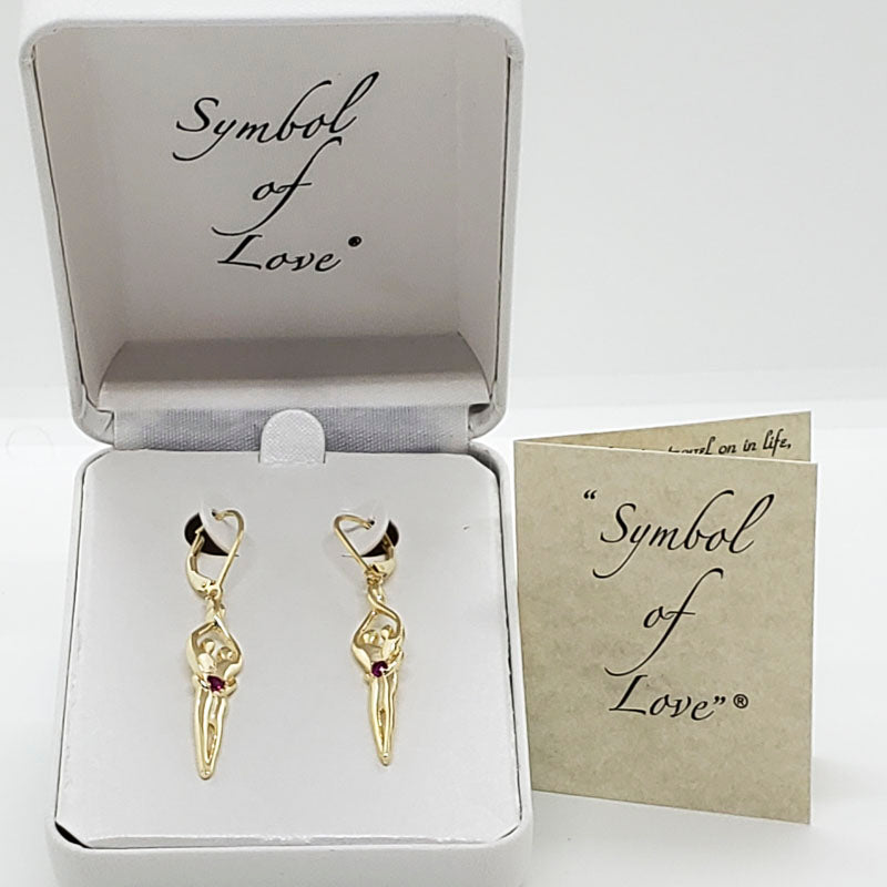Medium Soulmate Earrings, 1 ¾"  by 5/16th", .925 Genuine Sterling Silver with 14kt. Gold Overlay, Lever Back, Ruby Cubic Zirconia Stone