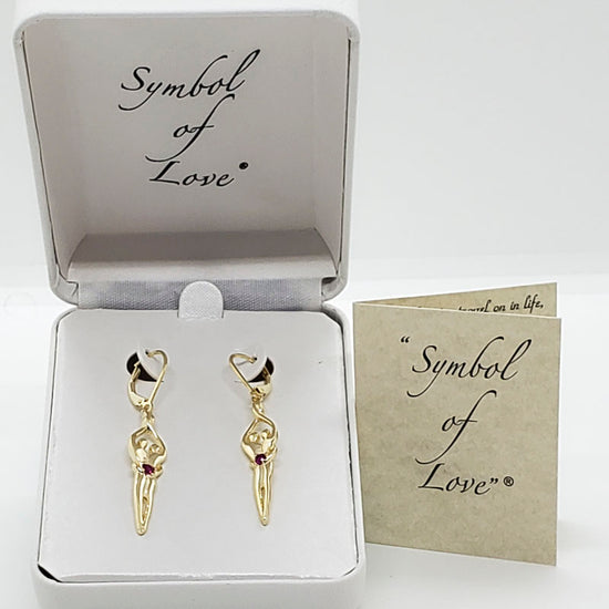 Medium Soulmate Earrings, 1 ¾"  by 5/16th", .925 Genuine Sterling Silver with 14kt. Gold Overlay, Lever Back, Ruby Cubic Zirconia Stone