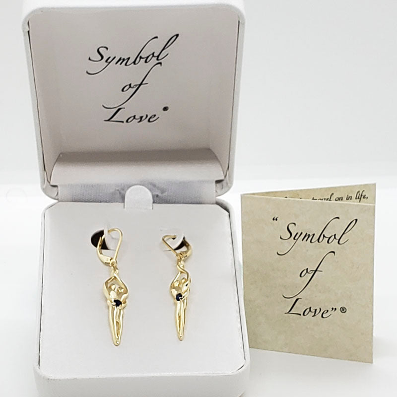 Medium Soulmate Earrings, 1 ¾"  by 5/16th", .925 Genuine Sterling Silver with 14kt. Gold Overlay, Lever Back, Sapphire Cubic Zirconia Stone
