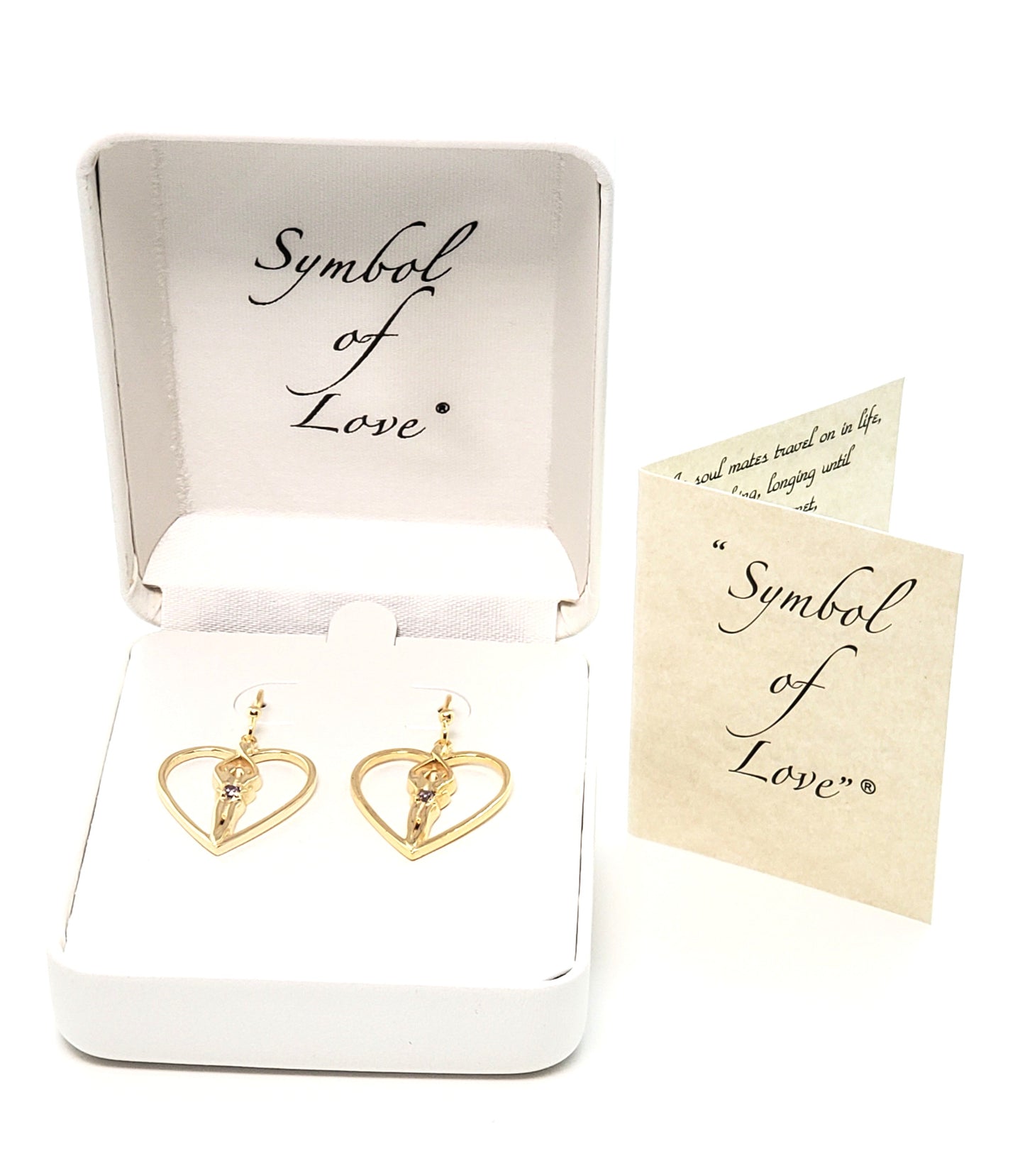 Soulmate Heart Earrings, 1" by ¾", .925 Genuine Sterling Silver with 14kt. Gold Overlay, Ear Wire, Amethyst Cubic Zirconia Stone
