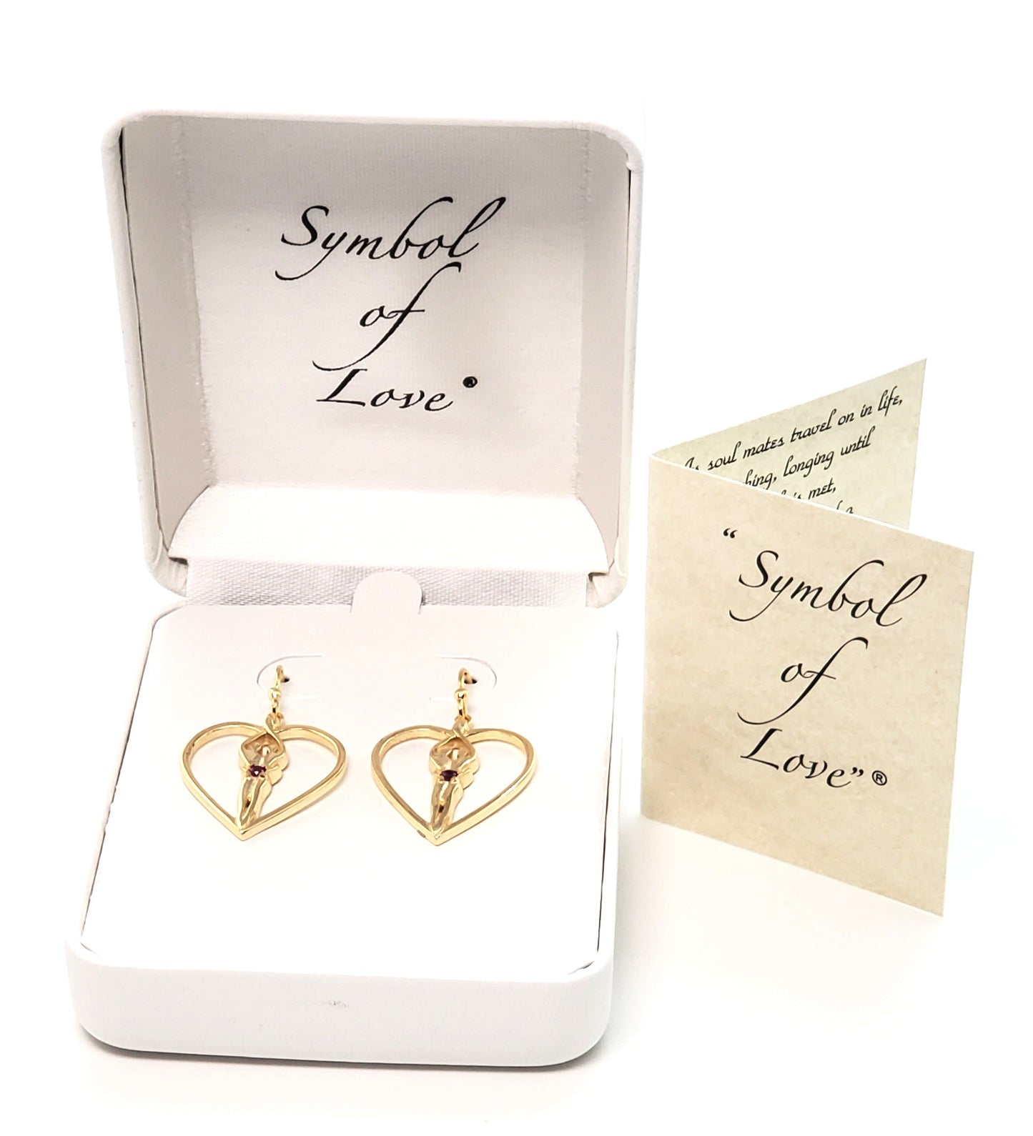 Soulmate Heart Earrings, 1" by ¾", .925 Genuine Sterling Silver with 14kt. Gold Overlay, Ear Wire, Ruby Cubic Zirconia Stone
