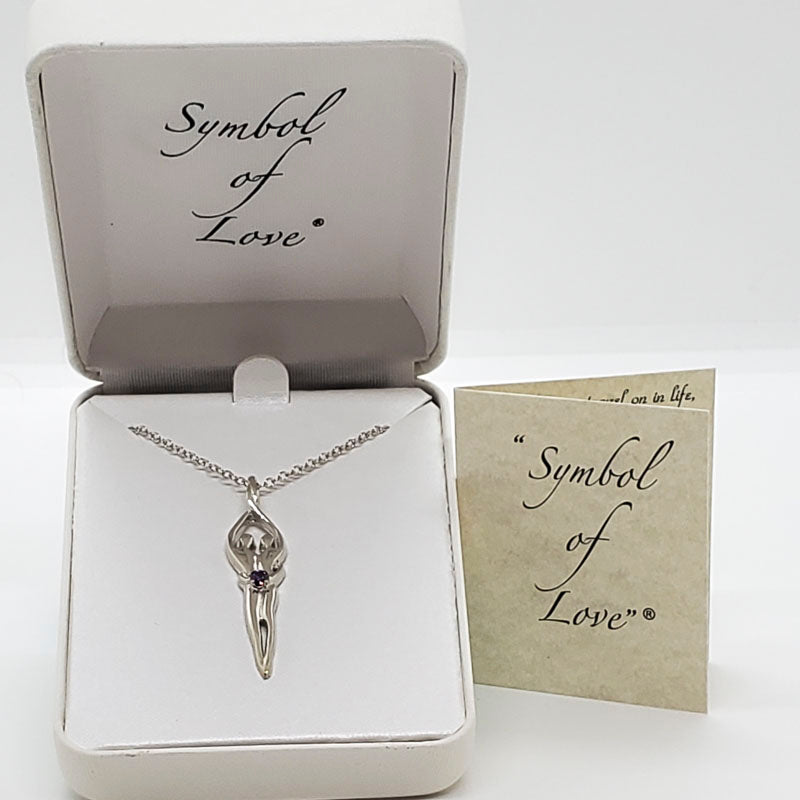 Large Soulmate Necklace, .925 Genuine Sterling Silver, 18" Chain, Charm 1 ¼" by 7/16", Amethyst Cubic Zirconia Stone