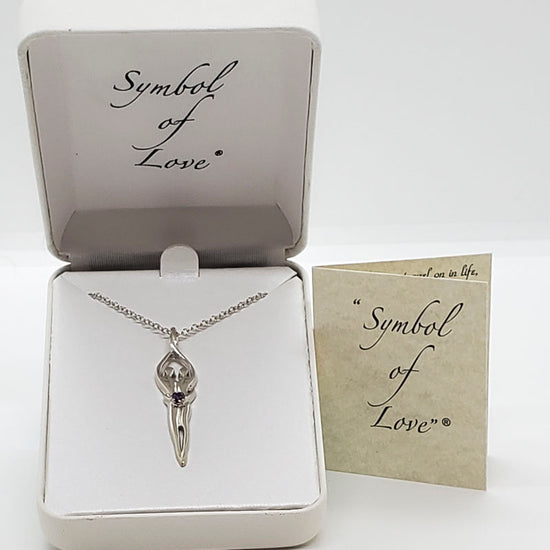 Large Soulmate Necklace, .925 Genuine Sterling Silver, 18" Chain, Charm 1 ¼" by 7/16", Amethyst Cubic Zirconia Stone