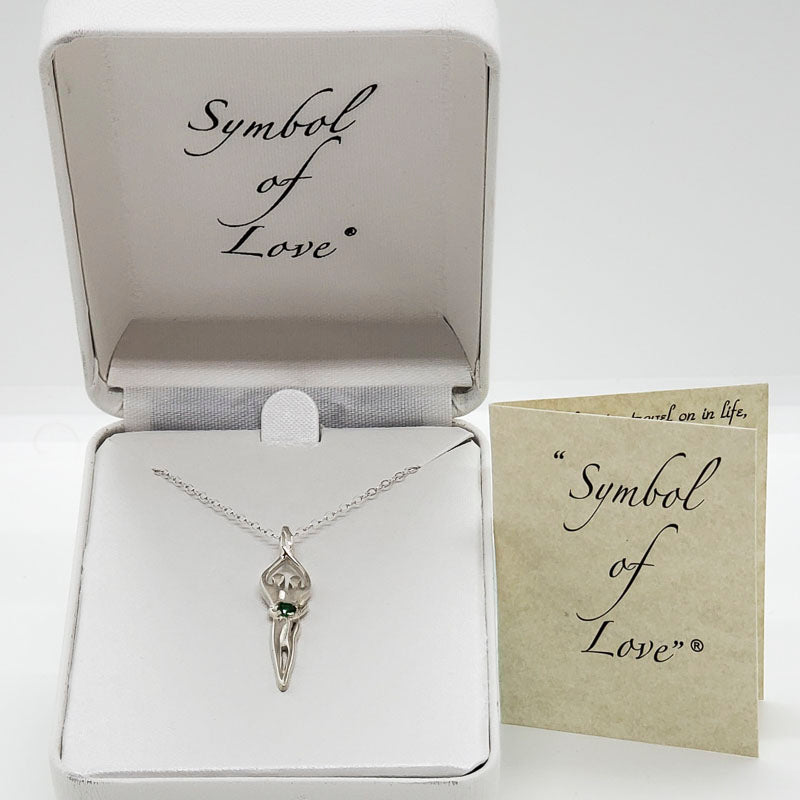 Large Soulmate Necklace, .925 Genuine Sterling Silver, 18" Chain, Charm 1 ¼" by 7/16", Emerald Cubic Zirconia Stone