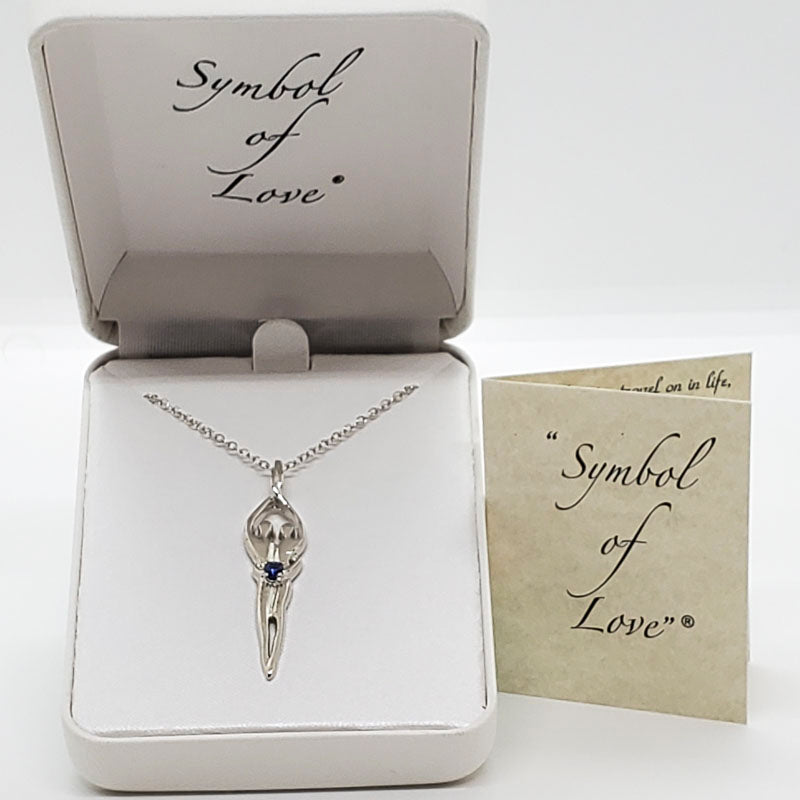 Large Soulmate Necklace, .925 Genuine Sterling Silver, 18" Chain, Charm 1 ¼" by 7/16", Sapphire Cubic Zirconia Stone