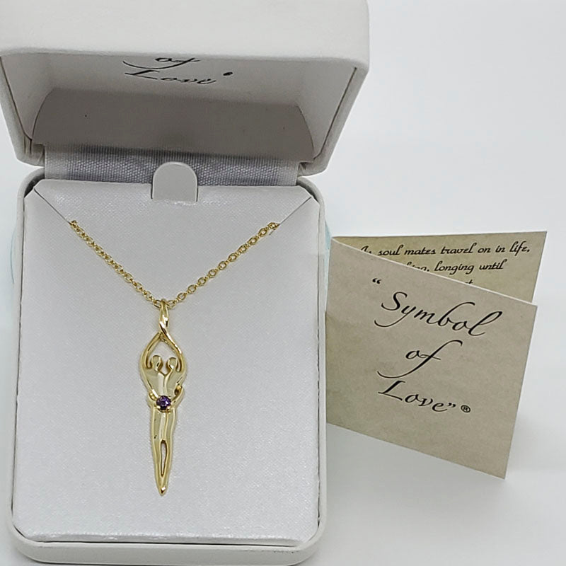 Large Soulmate Necklace, .925 Genuine Sterling Silver with 14kt Gold Overlay, 18" Chain, Charm 1 ¼" by 7/16", Amethyst Cubic Zirconia Stone