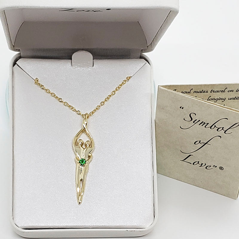 Large Soulmate Necklace, .925 Genuine Sterling Silver with 14kt Gold Overlay, 18" Chain, Charm 1 ¼" by 7/16", Emerald Cubic Zirconia Stone