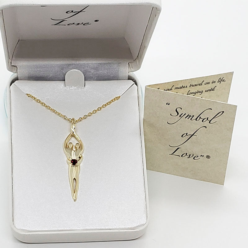 Large Soulmate Necklace, .925 Genuine Sterling Silver with 14kt Gold Overlay, 18" Chain, Charm 1 ¼" by 7/16", Ruby Cubic Zirconia Stone