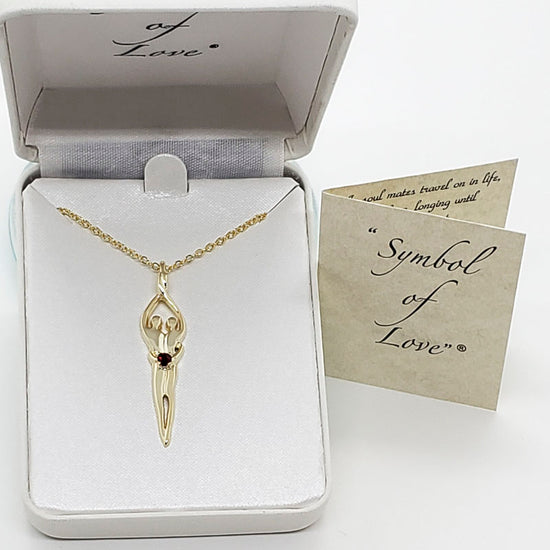 Large Soulmate Necklace, .925 Genuine Sterling Silver with 14kt Gold Overlay, 18" Chain, Charm 1 ¼" by 7/16", Ruby Cubic Zirconia Stone