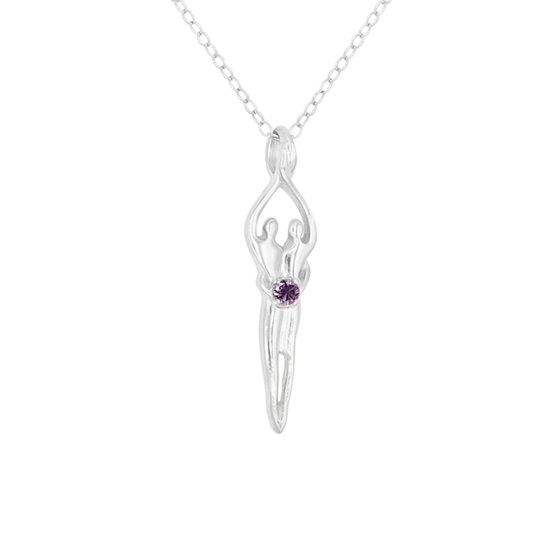 Medium Soulmate Necklace, .925 Genuine Sterling Silver, 18" Chain, Charm 1 ⅛" by ⅜", Amethyst Cubic Zirconia