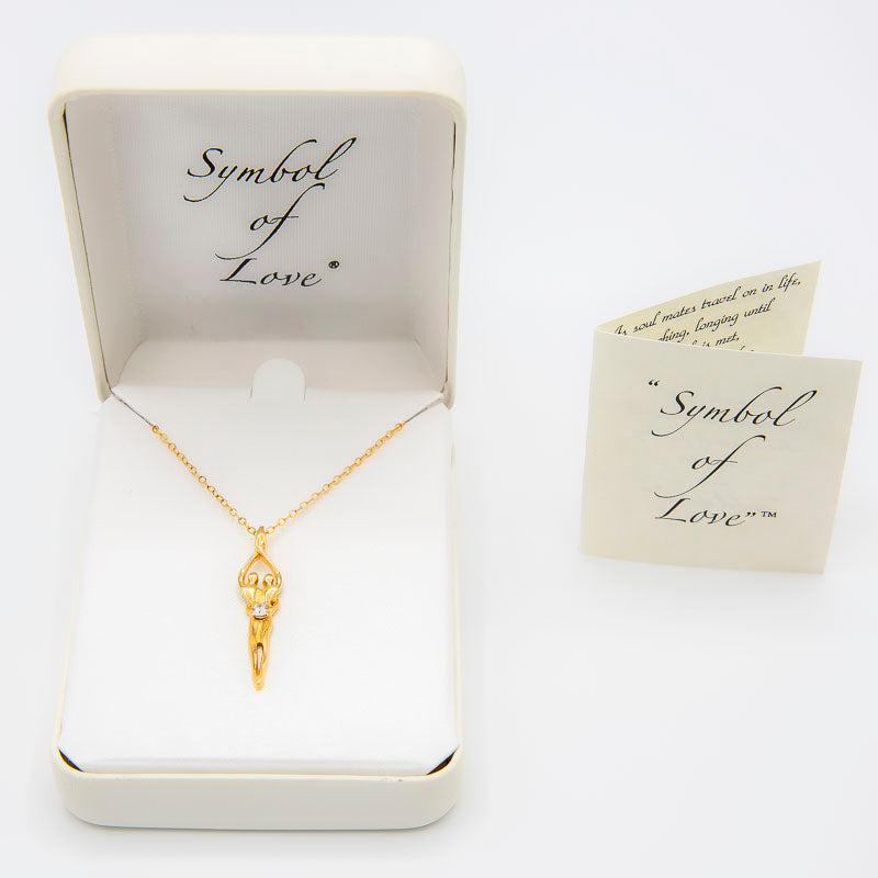 Medium Soulmate Necklace, .925 Genuine Sterling Silver with 14kt. Gold Overlay, 18" Chain, Charm 1 ⅛" by ⅜", Sapphire Cubic Zirconia Stone
