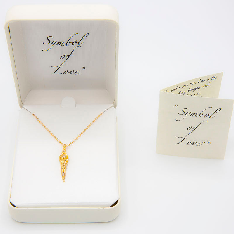 Small Soulmate Heart Necklace, .925 Genuine Sterling Silver with 14kt. Gold overlay, 18" Chain, 1" by ¼" Charm, Sapphire Cubic Zirconia Stone