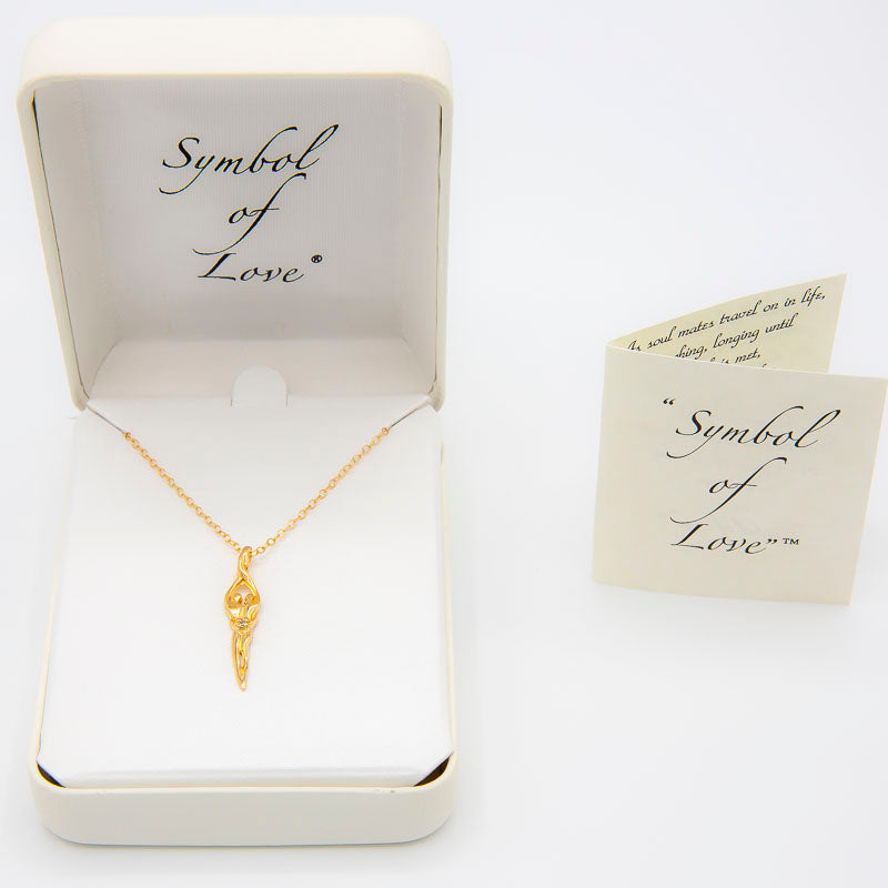 Small Soulmate Necklace, .925 Genuine Sterling Silver with 14kt. Gold overlay, 18" Chain, 1" by ¼" Charm, Sapphire Cubic Zirconia