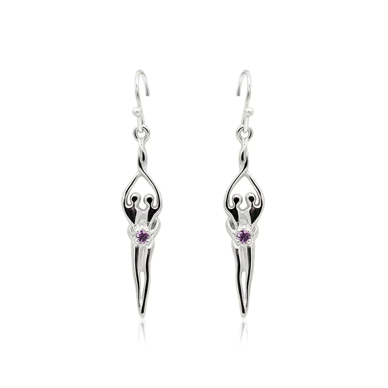 Small Soulmate Earrings, 1" by ¾", .925 Genuine Sterling Silver, Ear Wire, Amethyst Cubic Zirconia