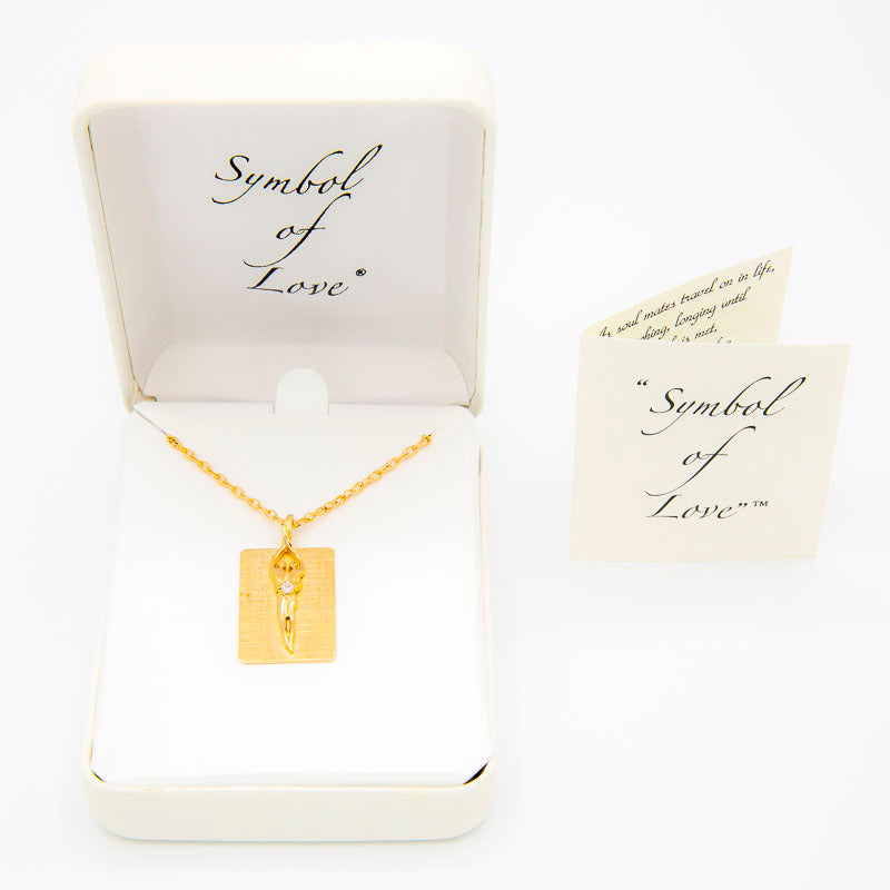 Small Unisex Soulmate Necklace, .925 Genuine Sterling Silver with 14kt Gold Overlay, 22" Rope Chain, Charm 1 1/8" by 5/8", Clear Cubic Zirconia Stone