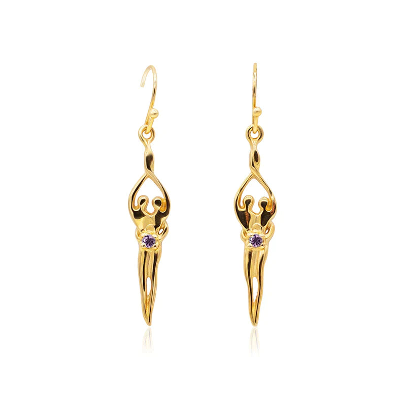 Load image into Gallery viewer, Small Soulmate Earrings, 1&amp;quot; by ¾&amp;quot;, .925 Genuine Sterling Silver with 14kt. Gold Overlay, Ear Wire, Amethyst Cubic Zirconia
