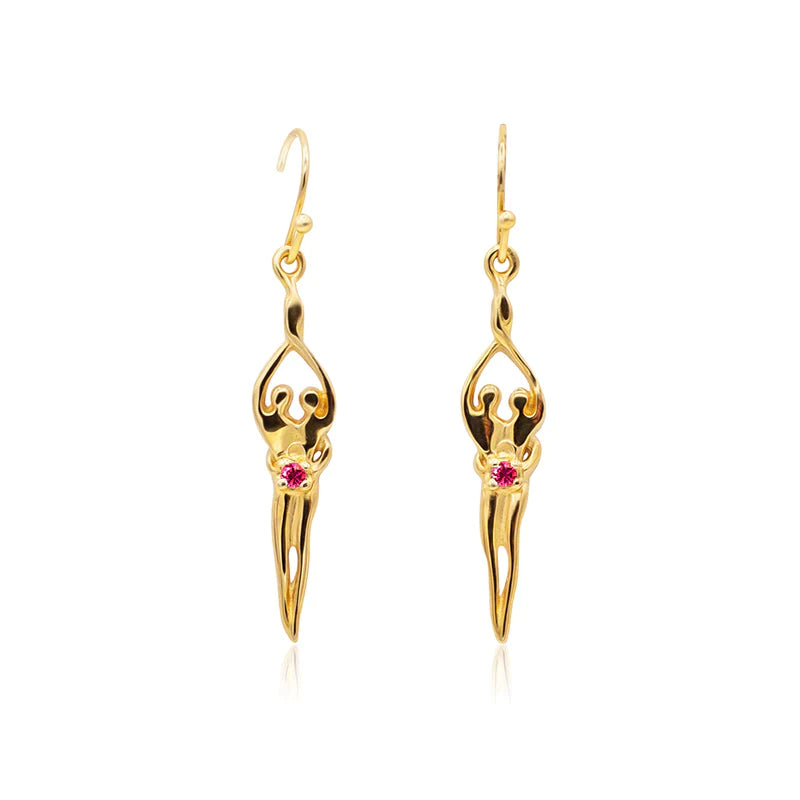 Small Soulmate Earrings, 1" by ¾", .925 Genuine Sterling Silver with 14kt. Gold Overlay, Ear Wire, Ruby Cubic Zirconia