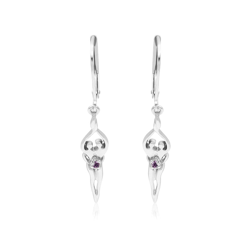 Small Soulmate Earrings, 1 ½” by ½", .925 Genuine Sterling Silver, Lever Back, Ruby Cubic Zirconia